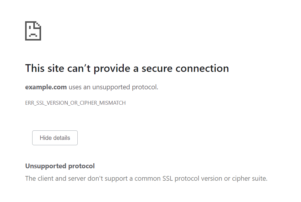 A browser SSL error message stating "This site can't provide a secure connection" with an explanation and no bypass option.