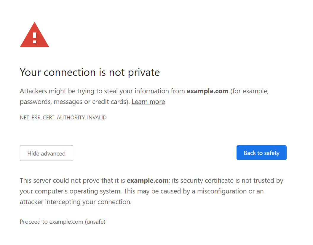 A browser SSL warning message stating "Your connection is not private" with an explanation and a bypass option.