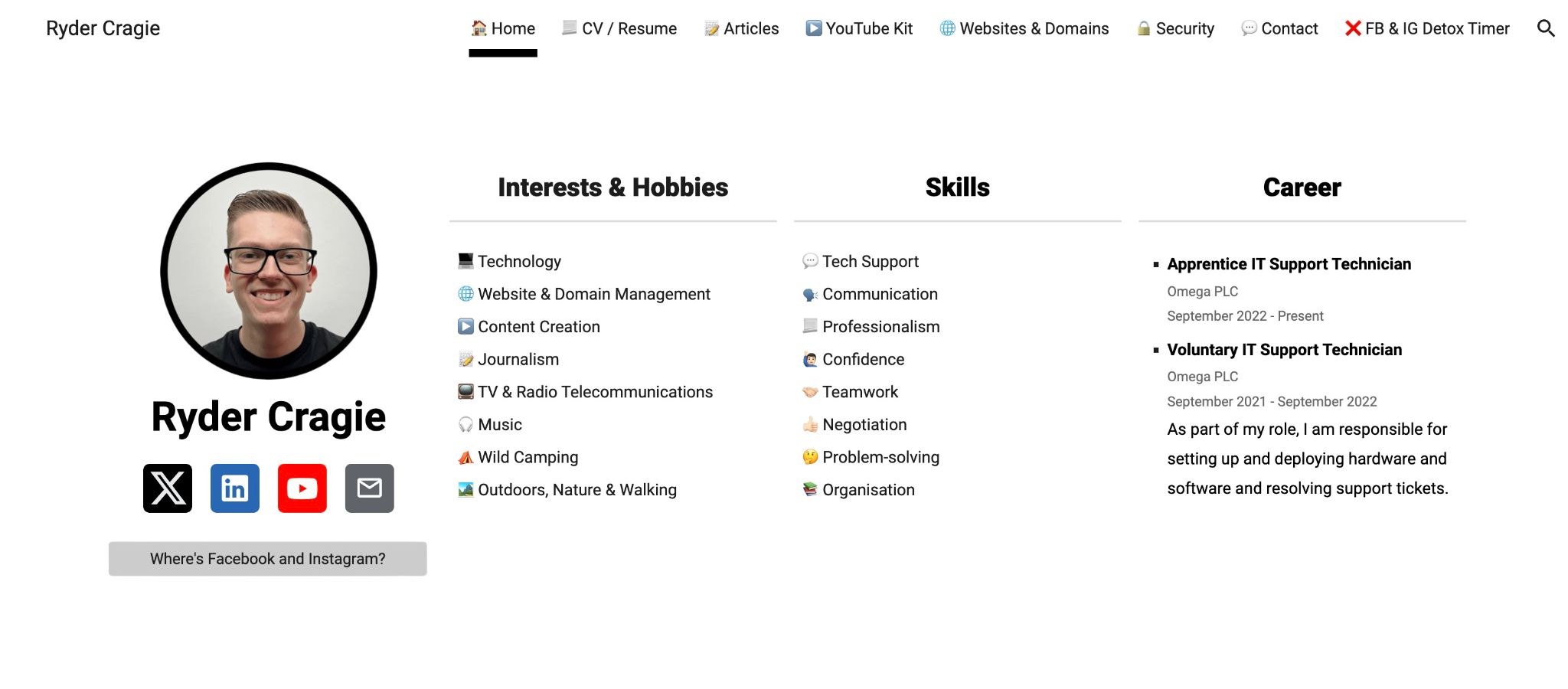 Screenshot showing the current version of my website.